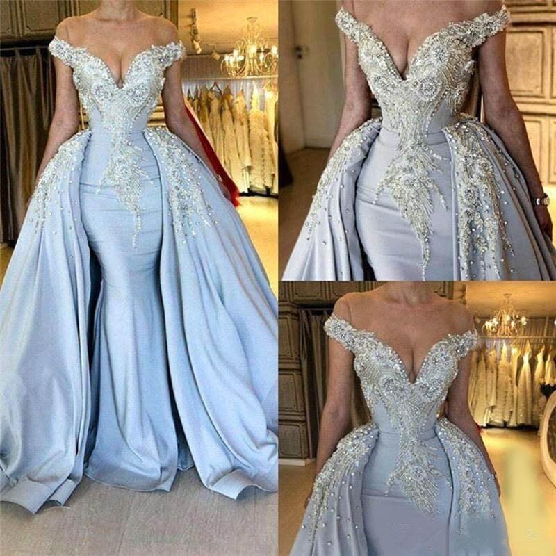 Sky Blue Off Shoulder Appliques Beads Prom Dress with Overskirt-BallBride