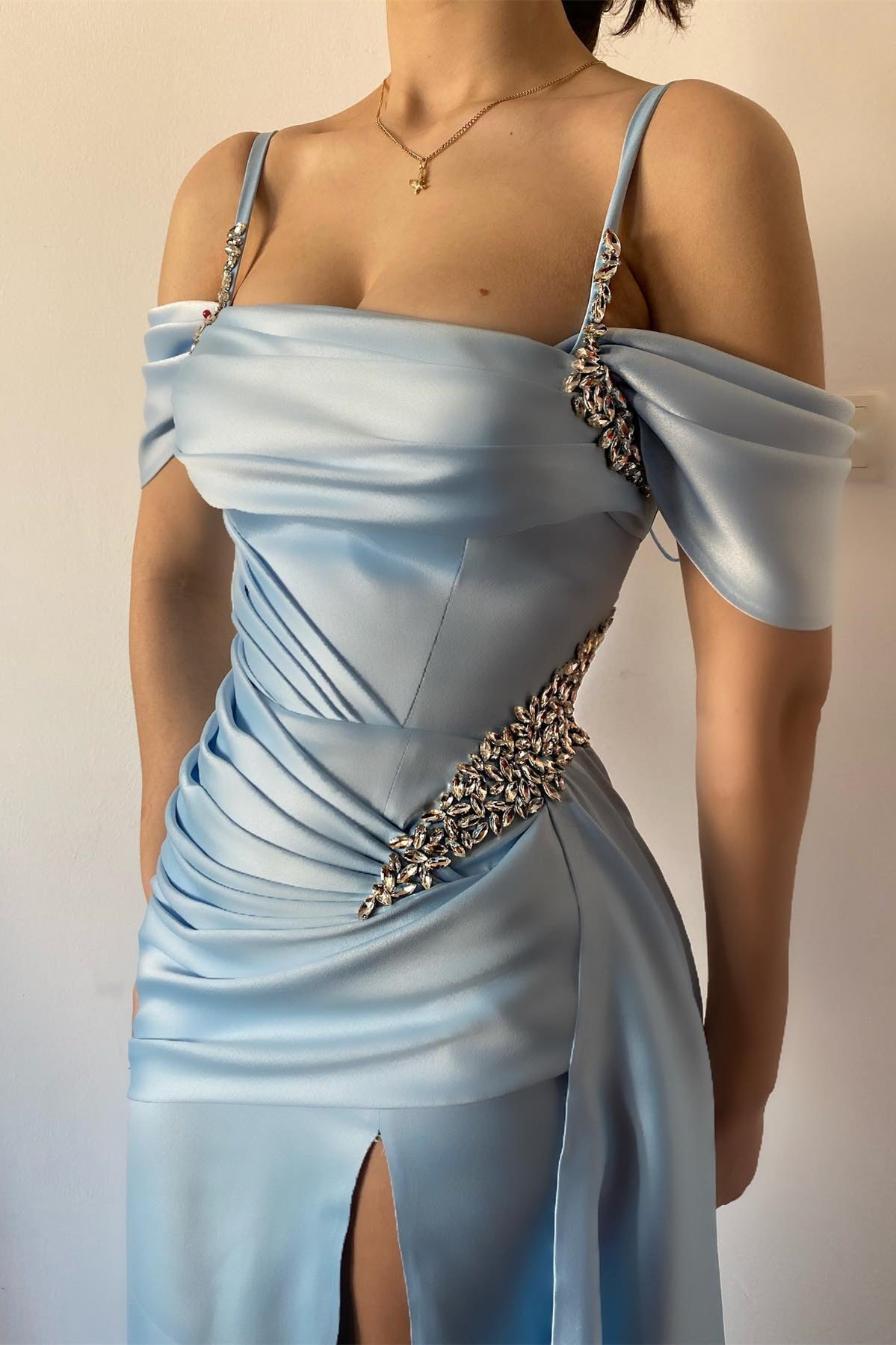 Sky Blue Off-The-Shoulder Mermaid Prom Dress with Split and Beaded Detail-BallBride