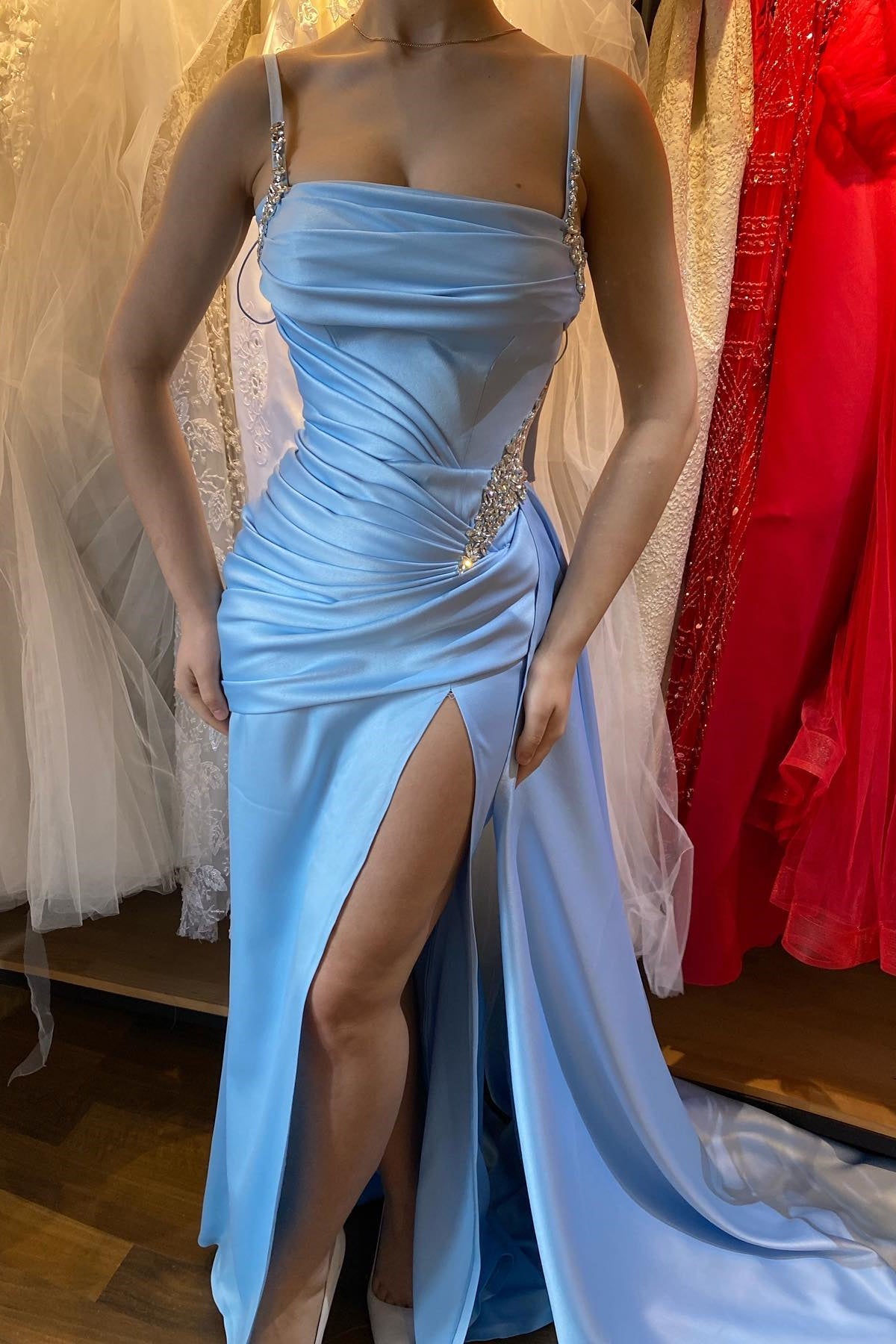 Sky Blue Off-The-Shoulder Mermaid Prom Dress with Split and Beaded Detail-BallBride