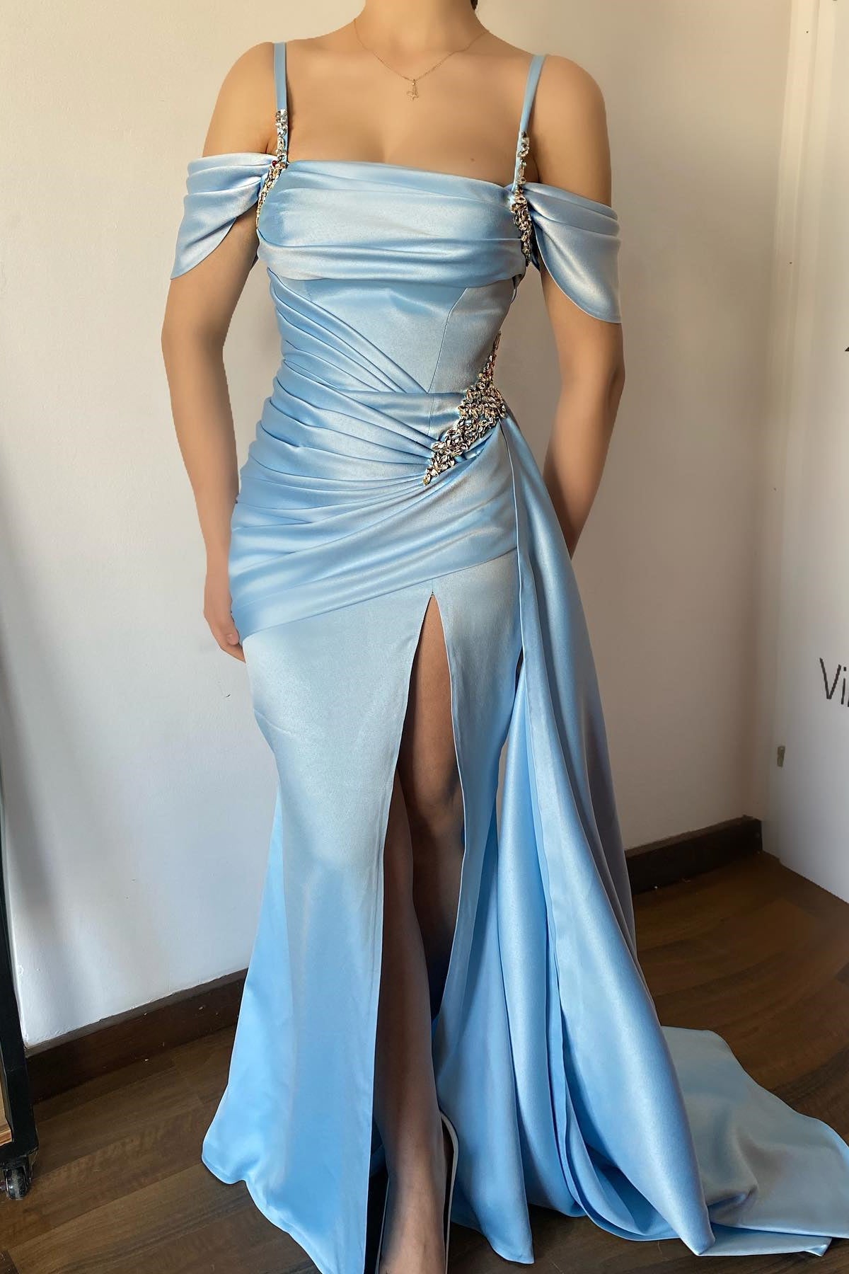 Sky Blue Off-The-Shoulder Mermaid Prom Dress with Split and Beaded Detail-BallBride