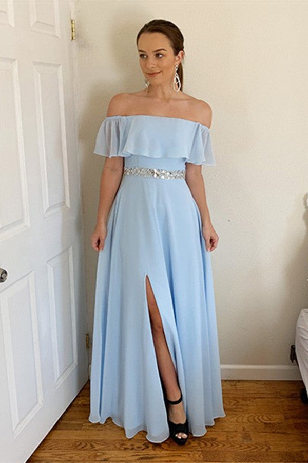 Sky Blue Off-the-Shoulder Prom Dress With Split-BallBride