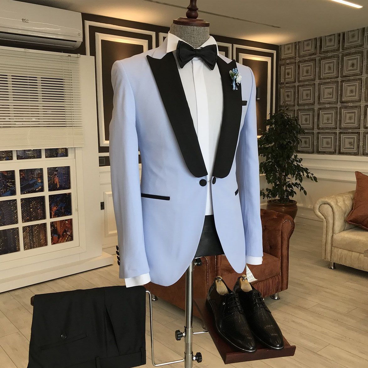 Sky Blue One Button Wedding Suit w/ Black Peaked Lapel-BallBride