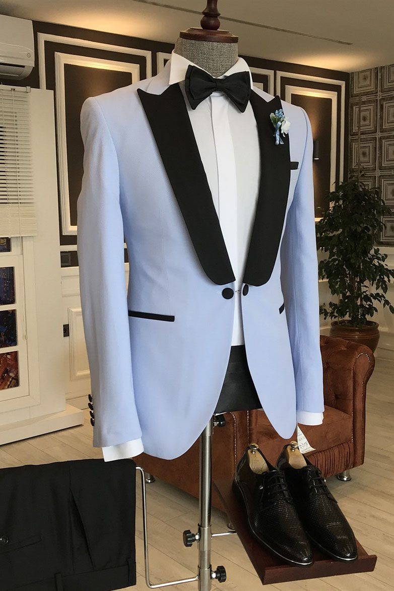 Sky Blue One Button Wedding Suit w/ Black Peaked Lapel-BallBride