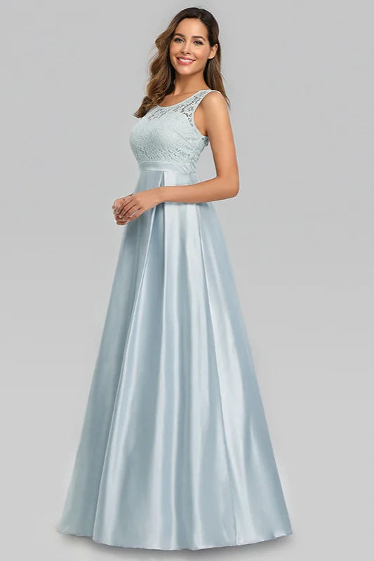 Sky Blue Sleeveless Lace Evening Gowns Long Prom Dress Online-BallBride
