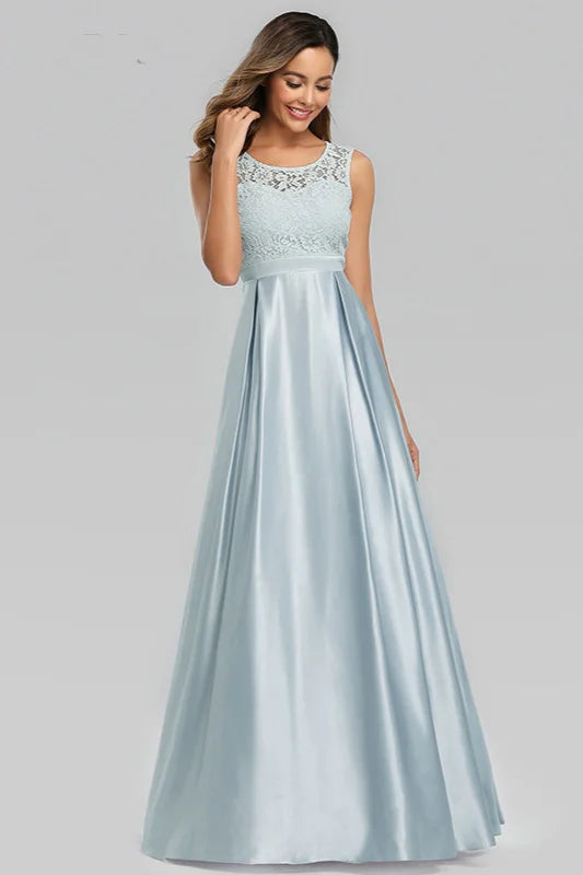 Sky Blue Sleeveless Lace Evening Gowns Long Prom Dress Online-BallBride