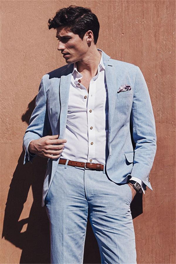 Sky Blue Summer Linen Beach Wedding Suits For Men - 2 Piece Set-BallBride