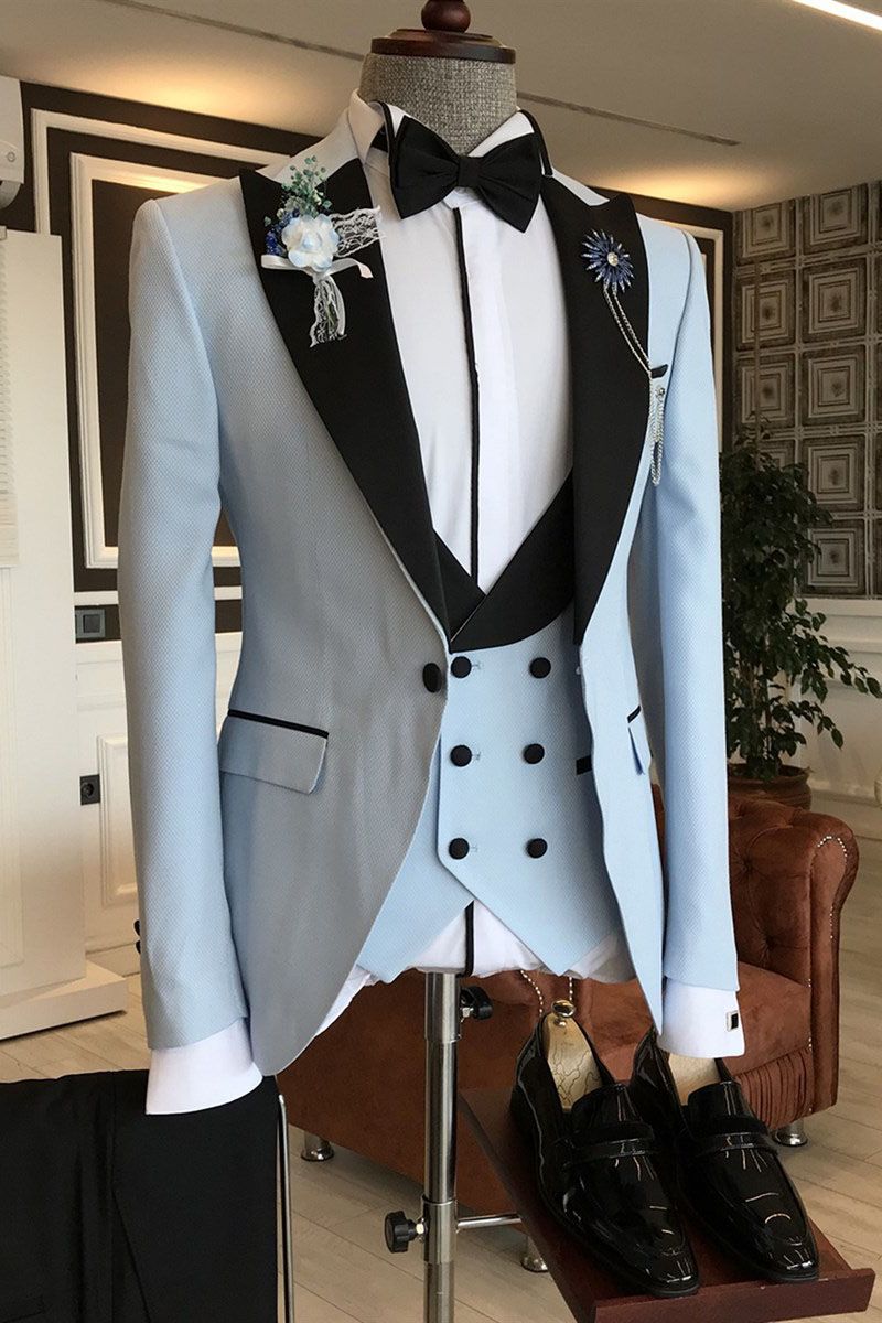 Sky Blue Three-Piece Formal Party Suit for Men, Black Peaked Lapel-BallBride