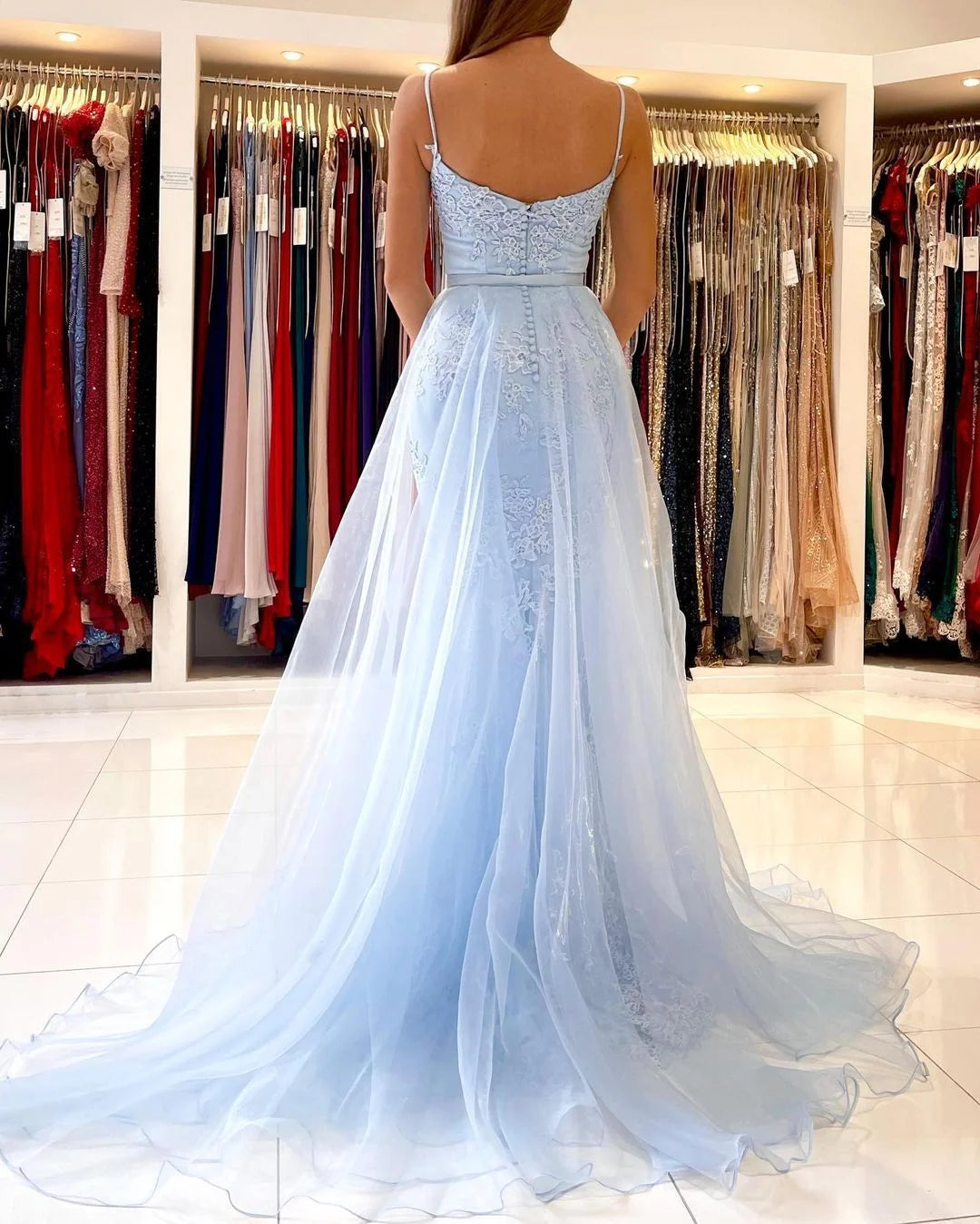 Sky Elegant Spaghetti-Straps Lace Evening Party Gowns Mermaid Long Evening Gowns-BallBride