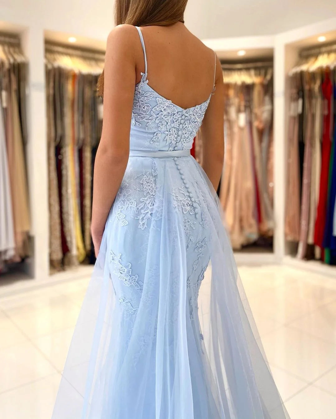 Sky Elegant Spaghetti-Straps Lace Evening Party Gowns Mermaid Long Evening Gowns-BallBride