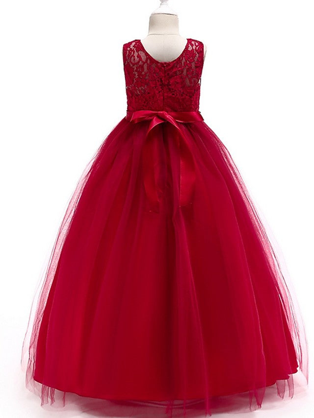 Sleeveless A-Line Round Floor Length Flower Girl Dress with Lace-BallBride