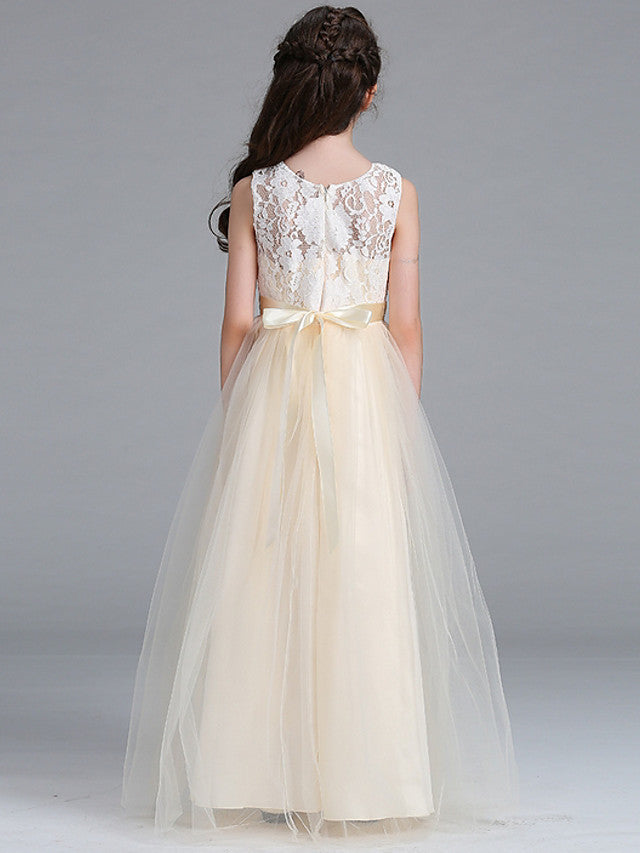 Sleeveless A-Line Round Floor Length Flower Girl Dress with Lace-BallBride