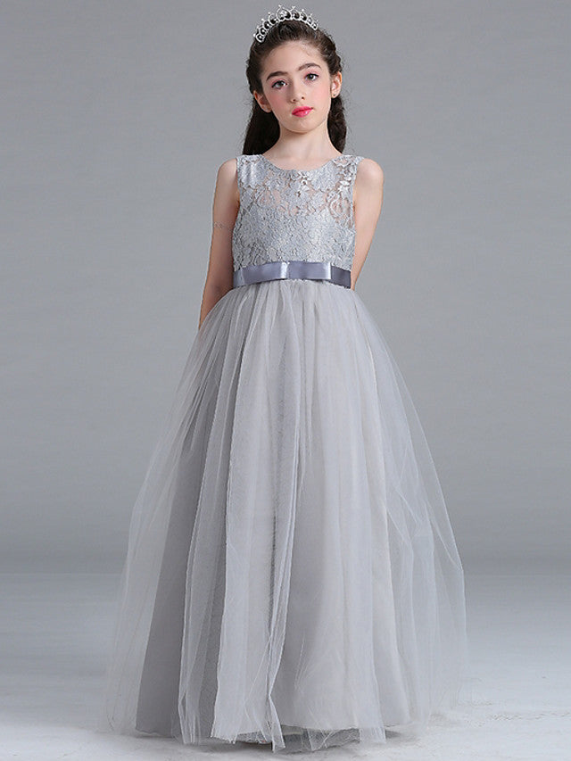 Sleeveless A-Line Round Floor Length Flower Girl Dress with Lace-BallBride