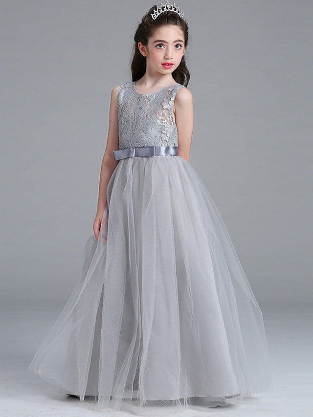 Sleeveless A-Line Round Floor Length Flower Girl Dress with Lace-BallBride