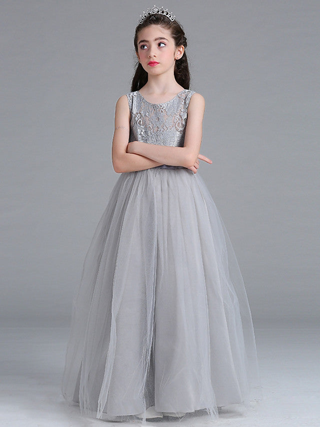 Sleeveless A-Line Round Floor Length Flower Girl Dress with Lace-BallBride