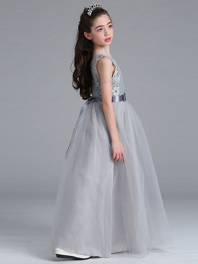 Sleeveless A-Line Round Floor Length Flower Girl Dress with Lace-BallBride