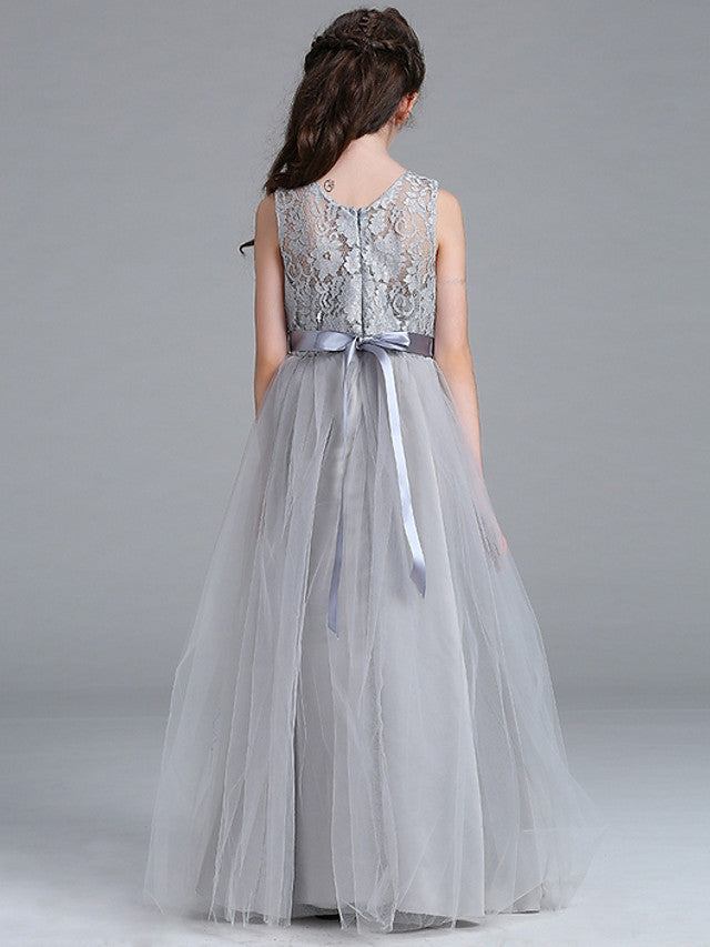 Sleeveless A-Line Round Floor Length Flower Girl Dress with Lace-BallBride