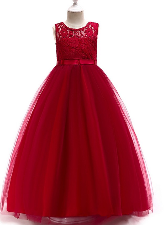 Sleeveless A-Line Round Floor Length Flower Girl Dress with Lace-BallBride