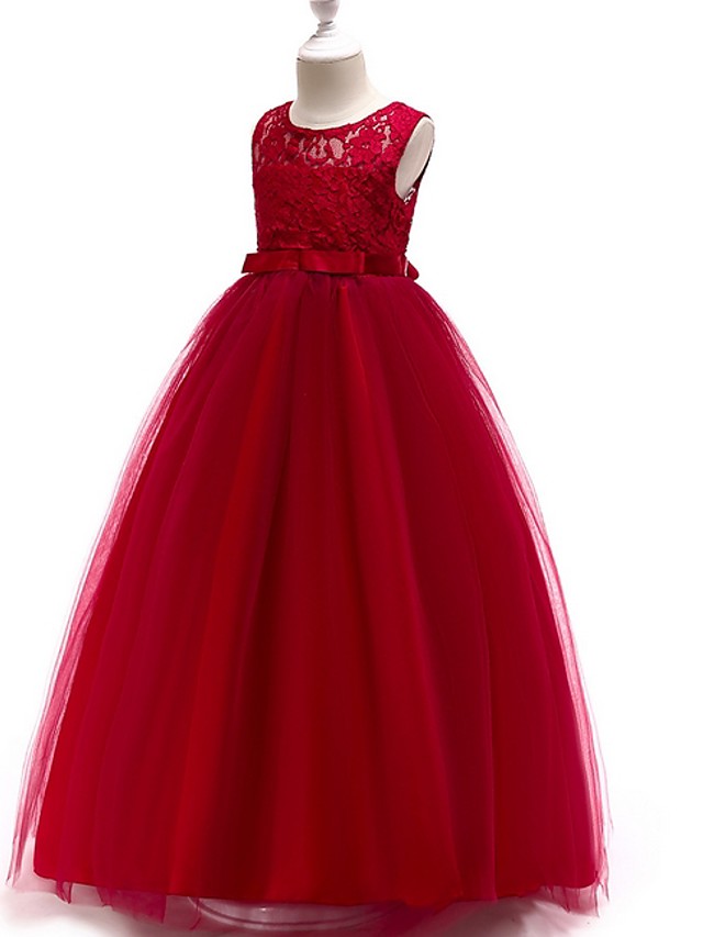 Sleeveless A-Line Round Floor Length Flower Girl Dress with Lace-BallBride