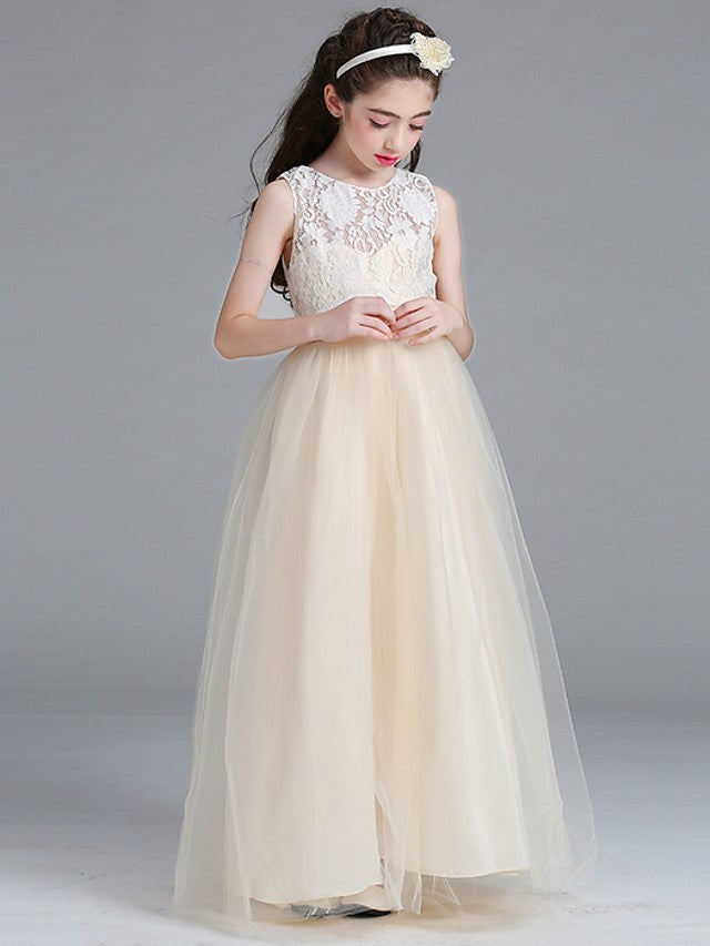 Sleeveless A-Line Round Floor Length Flower Girl Dress with Lace-BallBride