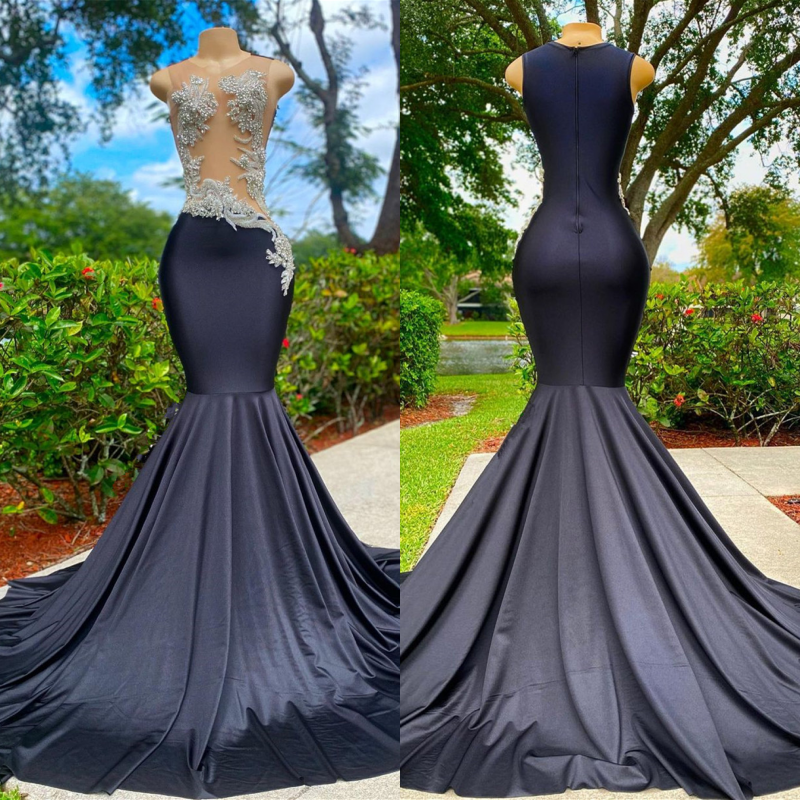 Sleeveless Black Mermaid Dress with Beads - Classic Prom Look Online-BallBride