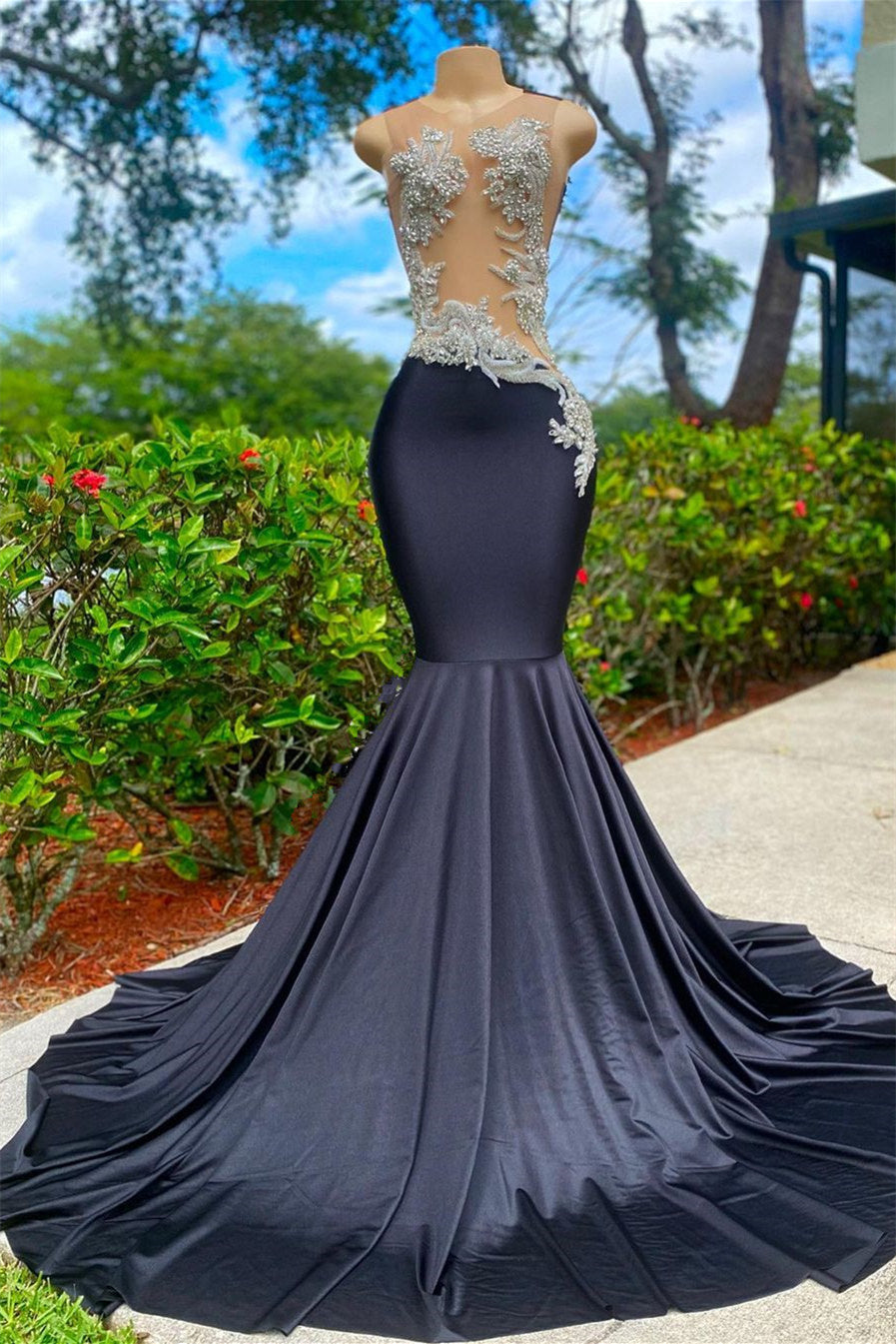 Sleeveless Black Mermaid Dress with Beads - Classic Prom Look Online-BallBride