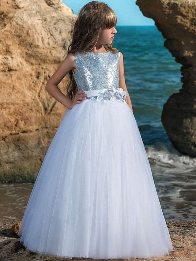 Sleeveless Boat Neck Ball Gown Dress with Belt Crystals & Rhinestones Paillette-BallBride