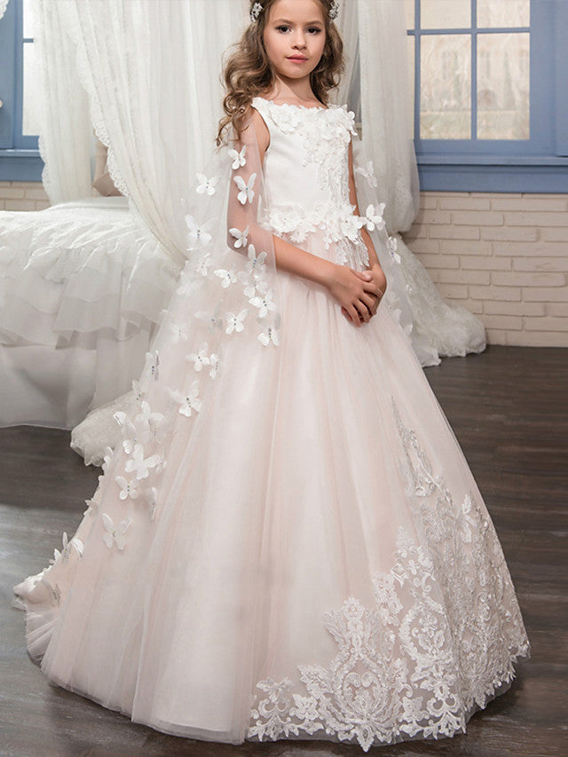 Sleeveless Boat Neck Flower Girl Dresses with Tulle and Lace Appliques-BallBride