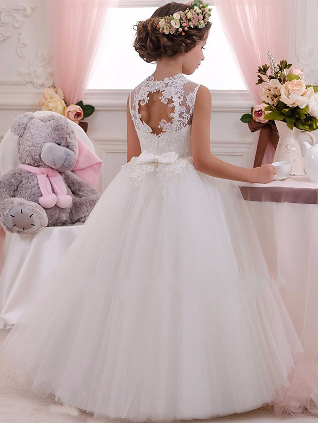 Sleeveless Flower Girl Dress with Scalloped Neckline and Lace Appliques Crystals and Rhinestones-BallBride