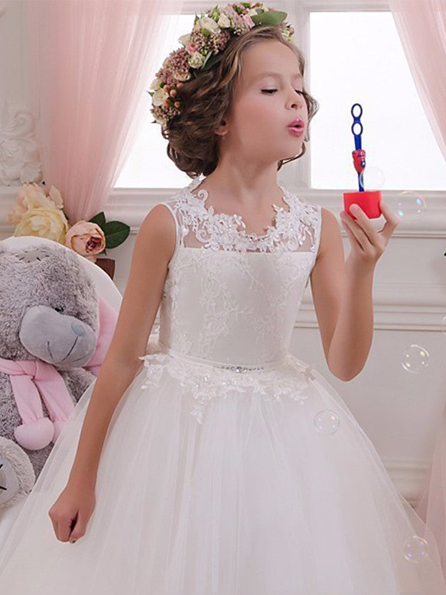 Sleeveless Flower Girl Dress with Scalloped Neckline and Lace Appliques Crystals and Rhinestones-BallBride
