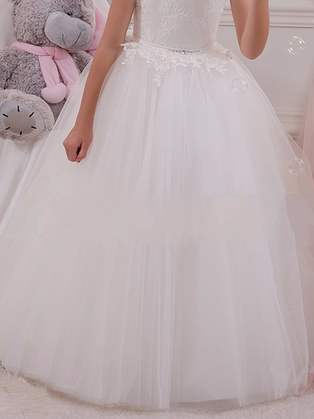 Sleeveless Flower Girl Dress with Scalloped Neckline and Lace Appliques Crystals and Rhinestones-BallBride