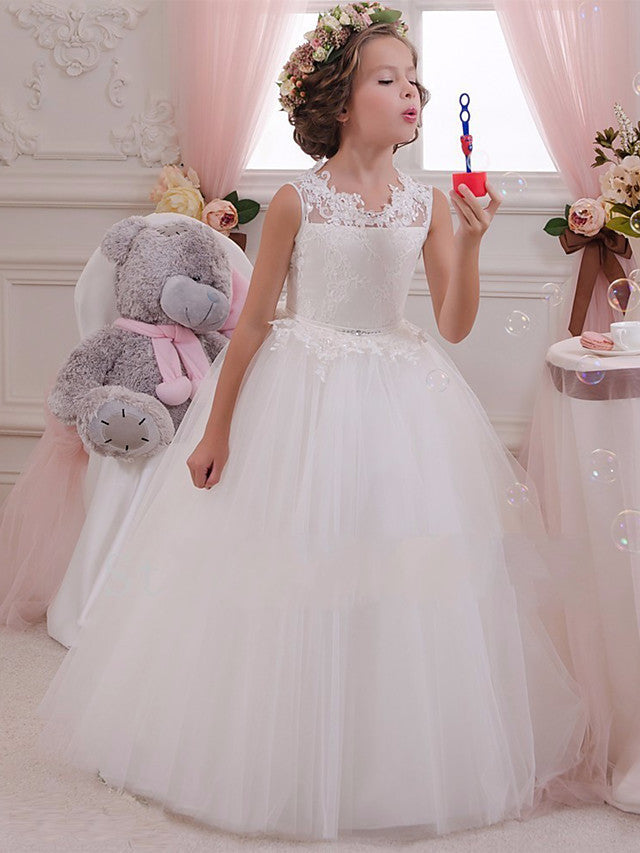 Sleeveless Flower Girl Dress with Scalloped Neckline and Lace Appliques Crystals and Rhinestones-BallBride