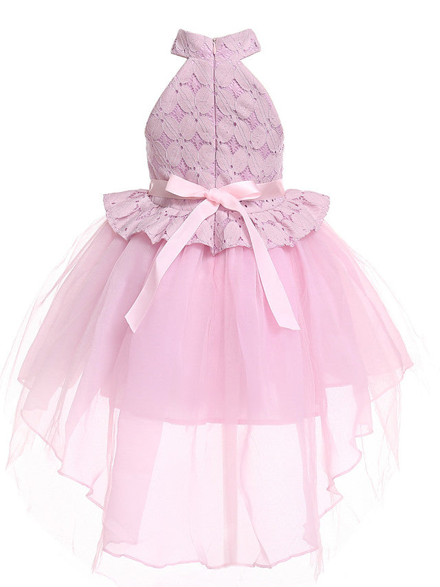 Sleeveless Halter Neck Pageant Dress with Petal Lace and Organza Tulle-BallBride