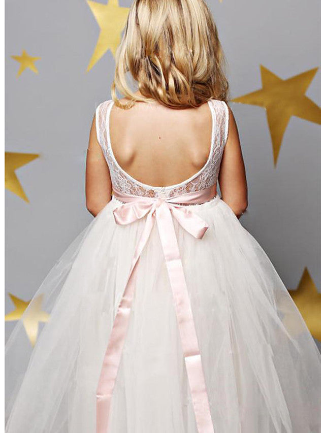 Sleeveless Illusion Neck A-Line Flower Girl Dress Lace Satin Tulle With Solid-BallBride