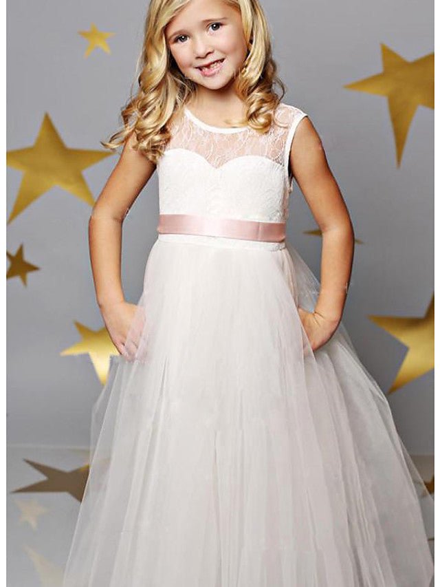 Sleeveless Illusion Neck A-Line Flower Girl Dress Lace Satin Tulle With Solid-BallBride