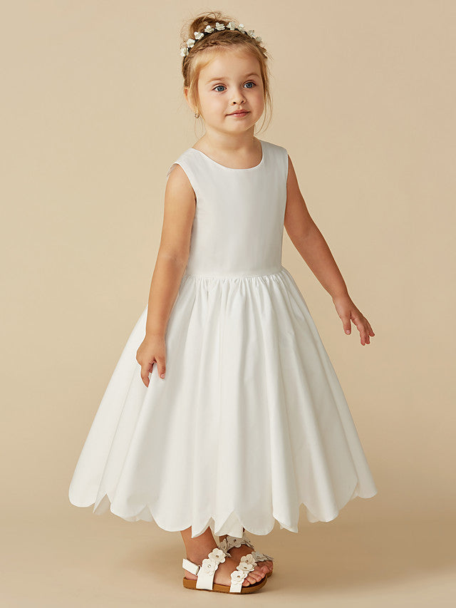 Sleeveless Jewel A-Line Tea Length Flower Girl Dress with Taffeta Sash and Pleats-BallBride