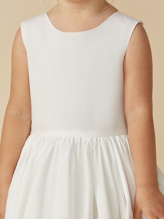 Sleeveless Jewel A-Line Tea Length Flower Girl Dress with Taffeta Sash and Pleats-BallBride