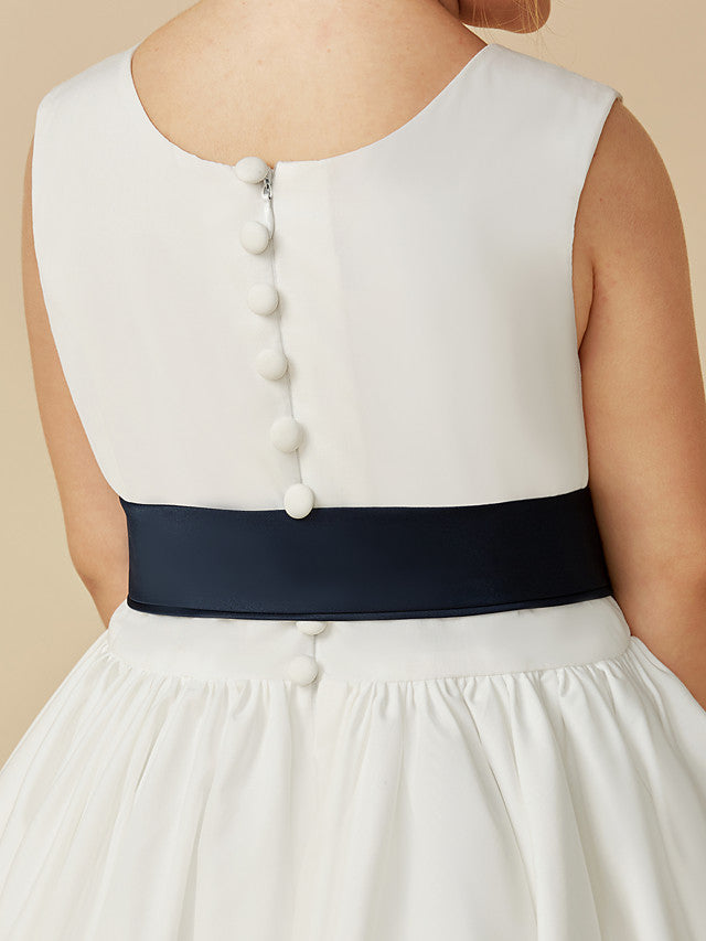 Sleeveless Jewel A-Line Tea Length Flower Girl Dress with Taffeta Sash and Pleats-BallBride