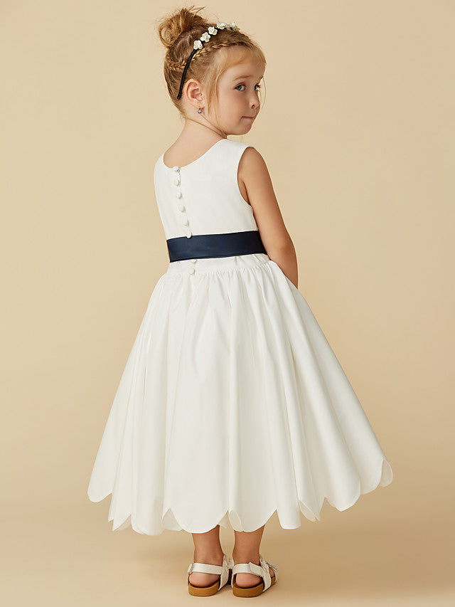 Sleeveless Jewel A-Line Tea Length Flower Girl Dress with Taffeta Sash and Pleats-BallBride