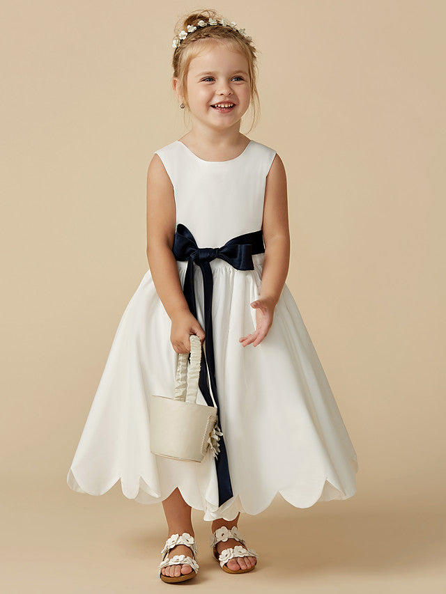 Sleeveless Jewel A-Line Tea Length Flower Girl Dress with Taffeta Sash and Pleats-BallBride