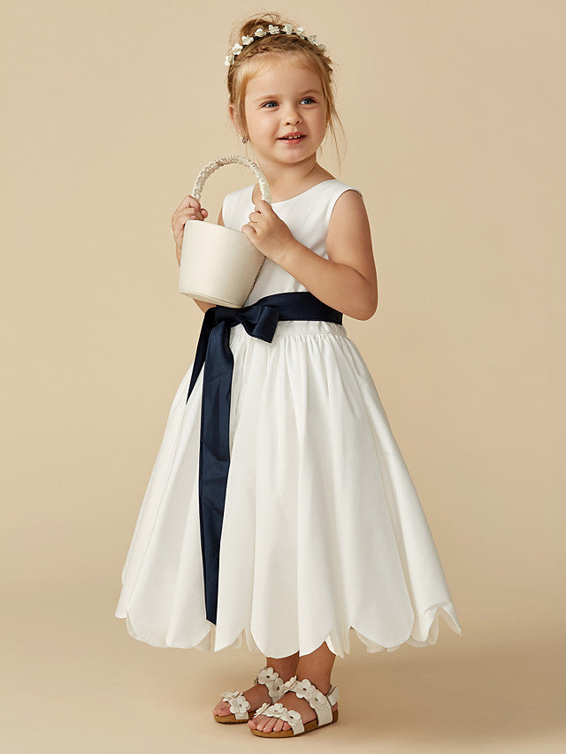 Sleeveless Jewel A-Line Tea Length Flower Girl Dress with Taffeta Sash and Pleats-BallBride
