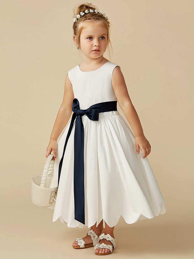 Sleeveless Jewel A-Line Tea Length Flower Girl Dress with Taffeta Sash and Pleats-BallBride