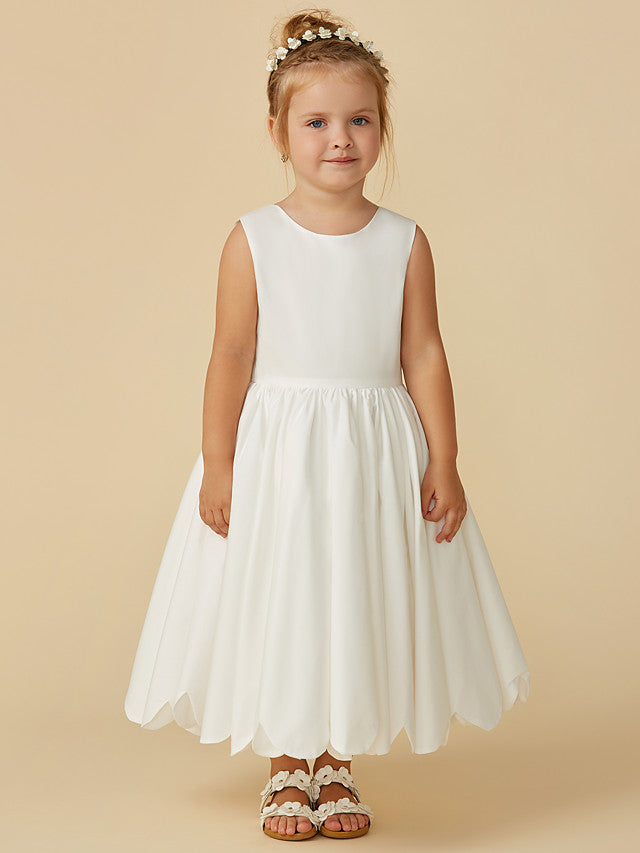 Sleeveless Jewel A-Line Tea Length Flower Girl Dress with Taffeta Sash and Pleats-BallBride