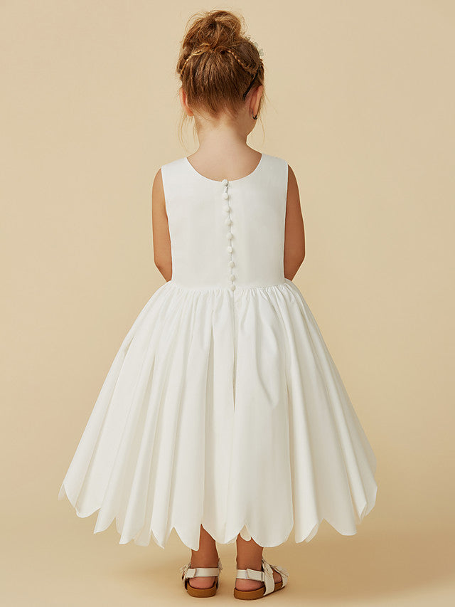 Sleeveless Jewel A-Line Tea Length Flower Girl Dress with Taffeta Sash and Pleats-BallBride