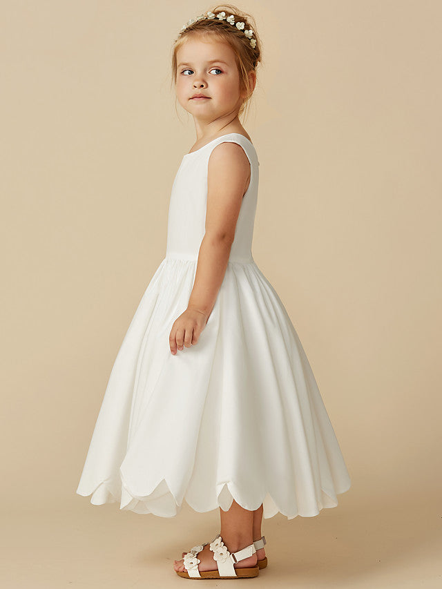 Sleeveless Jewel A-Line Tea Length Flower Girl Dress with Taffeta Sash and Pleats-BallBride