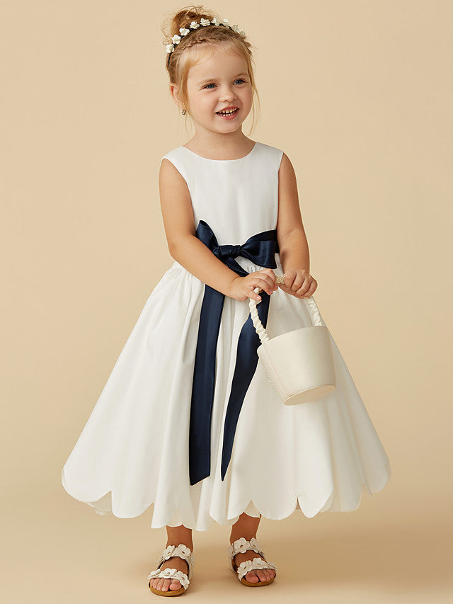 Sleeveless Jewel A-Line Tea Length Flower Girl Dress with Taffeta Sash and Pleats-BallBride