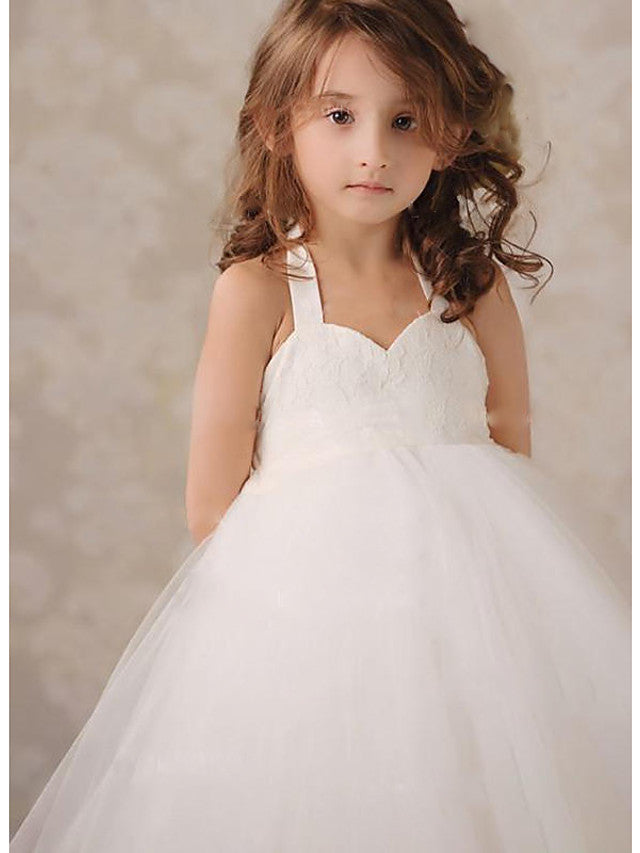 Sleeveless Jewel Knee-Length A-Line Flower Girl Dress with Lace and Tulle-BallBride