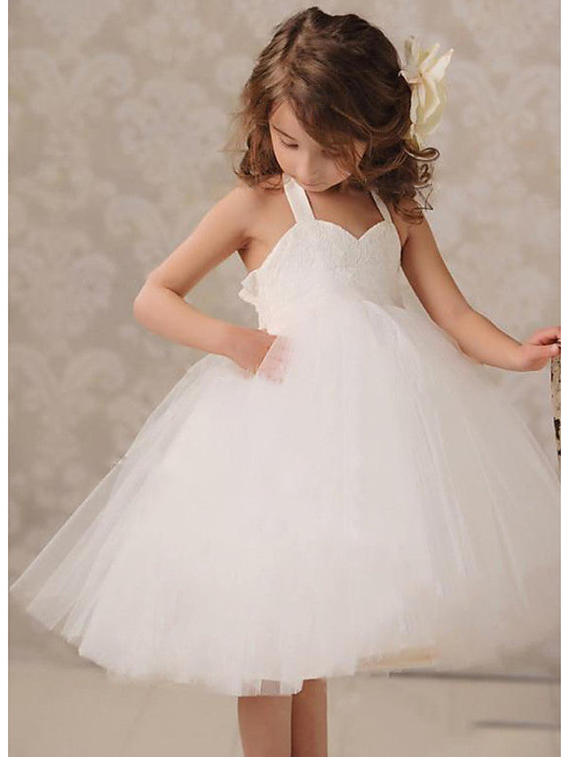 Sleeveless Jewel Knee-Length A-Line Flower Girl Dress with Lace and Tulle-BallBride