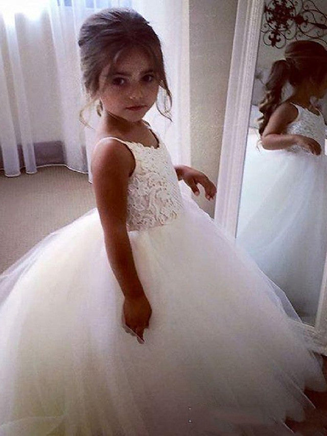 Sleeveless JewelPrincess Long Length Flower Girl Dress with Lace Appliques and Tulle-BallBride