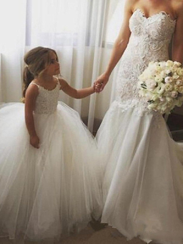 Sleeveless JewelPrincess Long Length Flower Girl Dress with Lace Appliques and Tulle-BallBride