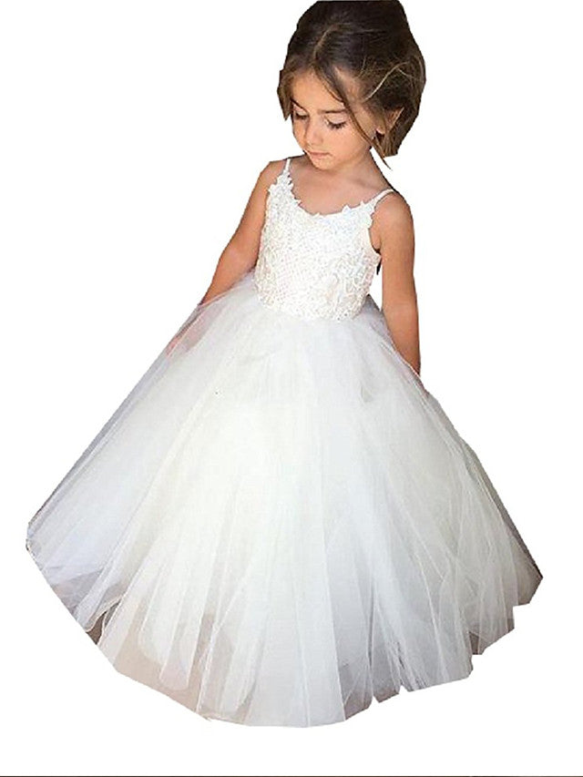 Sleeveless JewelPrincess Long Length Flower Girl Dress with Lace Appliques and Tulle-BallBride